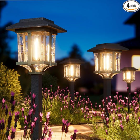 XMCOSY+ Solar Pathway Lights Outdoor, 2-Tone LED Waterproof Garden Outdoor Lighting for Yard Stainless Steel & Glass Solar Powered Landscape Walkway Driveway Decor (4 Pack, Warm White) XMcosy