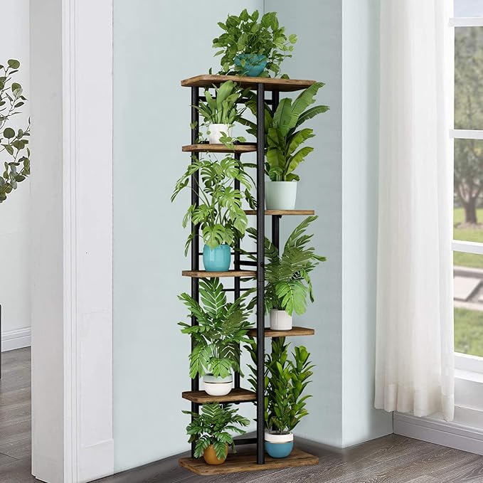 LINZINAR Plant Stand 7 Tier 8 Potted Multiple Flower Pot Holder Shelf Indoor Outdoor Planter Rack Storage Organizer for Patio Garden Corner Balcony Living Room (7 Tier-8 Potted, Black) LINZINAR
