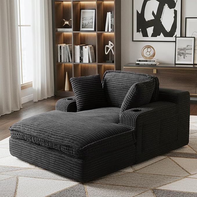67" Oversized Chaise Lounge Chair Indoor, Soft Boneless Cloud Couch with 3 Pillows, 4 Side Pockets and 2 Cup Holders, Comfy Corduroy Sleeper Couch for Living Room Bedroom Rootora