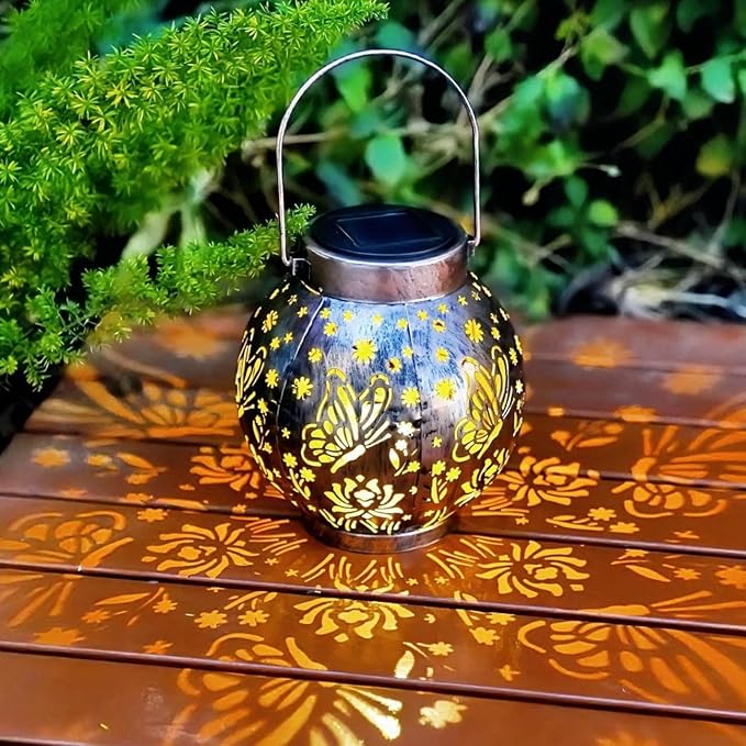 2 Pack Outdoor Solar Hanging Lantern Lights Metal LED Decorative Lamp for Garden Patio Courtyard Lawn and Table with Hollowed-Out Design (Bronze Butterfly) ExcMark