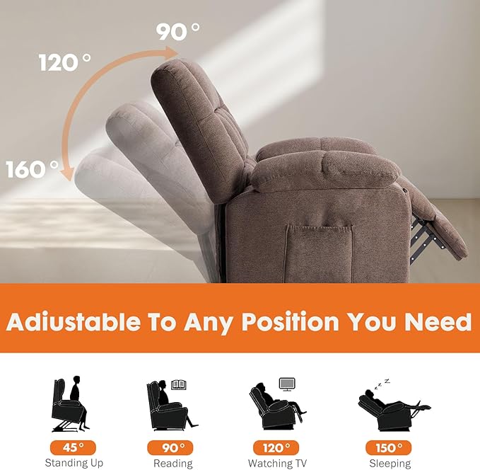 Sweetcrispy Power Lift Recliner Chair with Vibration Massage and Heat for Adults, Ergonomic Overstuffed Breathable Fabric Reclining Chair with Side Pockets, Remote Control, Living Room, Bedroom, Brown Sweetcrispy
