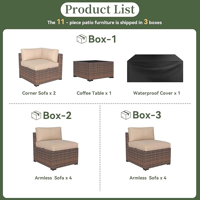 Aoxun 11 Piece Patio Furniture Set Wicker Rattan Patio Conversation Set Outdoor Sectional Sofa Set with Coffee Table and Thickened Cushions, Beige(Waterproof Cover Included) Aoxun