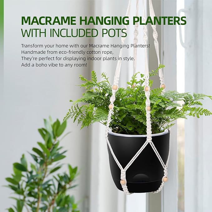 2-Pack 7.1-Inch Self-Watering Hanging Planters for Indoor & Outdoor Plants,34Inch Macrame Hanger Plant Pots Indoor with Drainage,Small Hanging Planters & Baskets,With Two Sets of Hooks（Pure black） QCQHDU