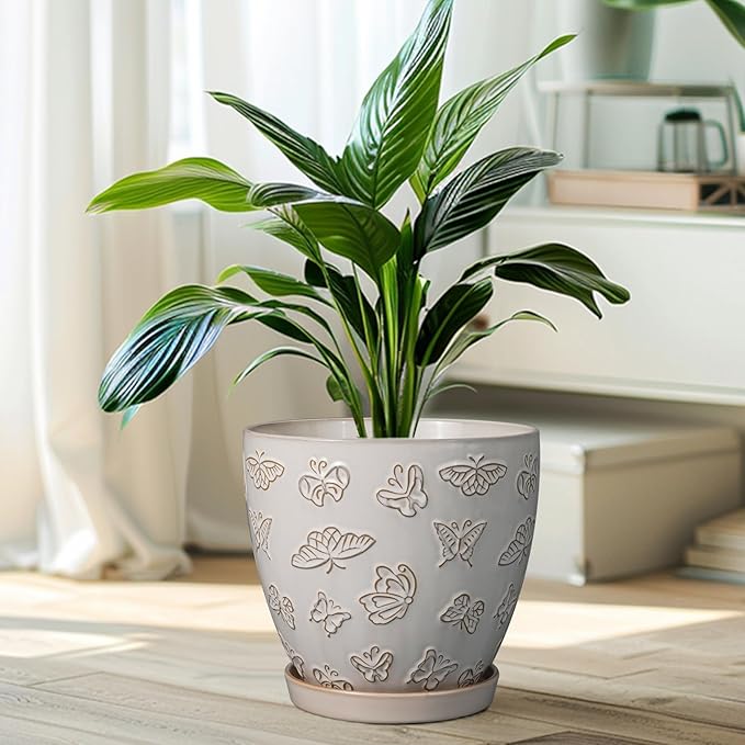 Ceramic Planter 8 Inch - White Plant Pot with Drainage Hole and Saucer Modern Flower Pot for Indoor Outdoor Plants EPFamily