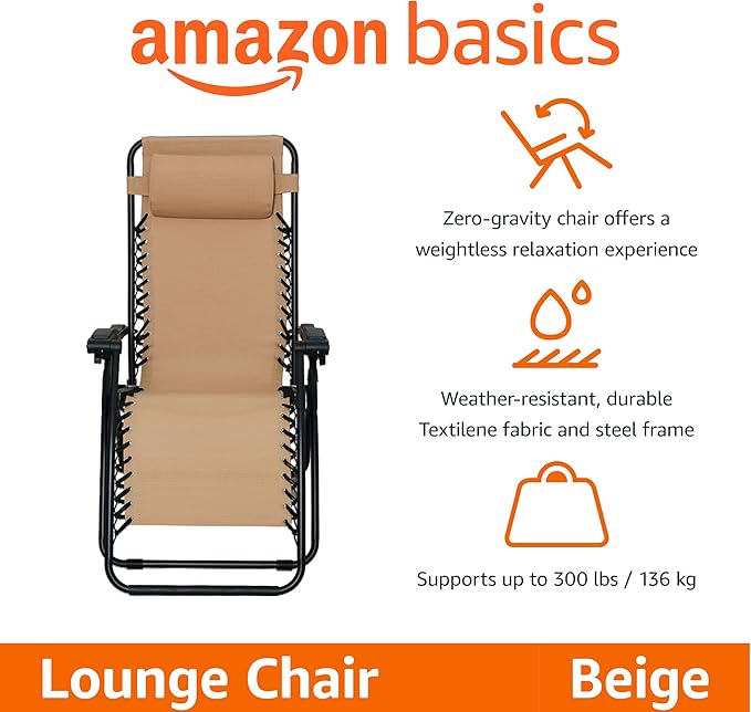 Amazon Basics Outdoor Patio Zero Gravity Folding Reclining Lounge Chair with Padded Headrest Pillow, Adjustable Lawn Chair for Outside, Weather-resistant Textilene, 26", Beige AmazonBasics