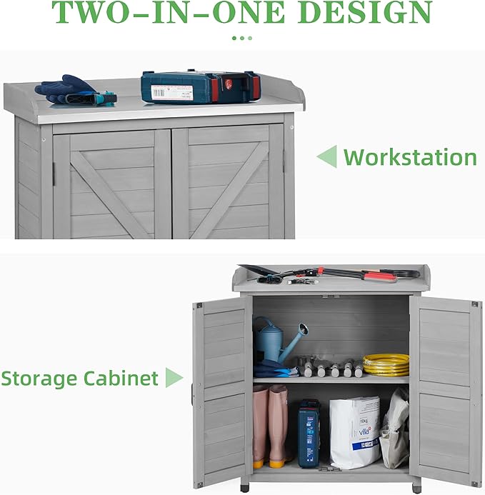 Outdoor Potting Bench with Storage Cabinet and Metal Top, Wood Workstation for Outdoor Patio, Garden (Classic Grey, 31.5x17x39‘’) Wood-Natrl