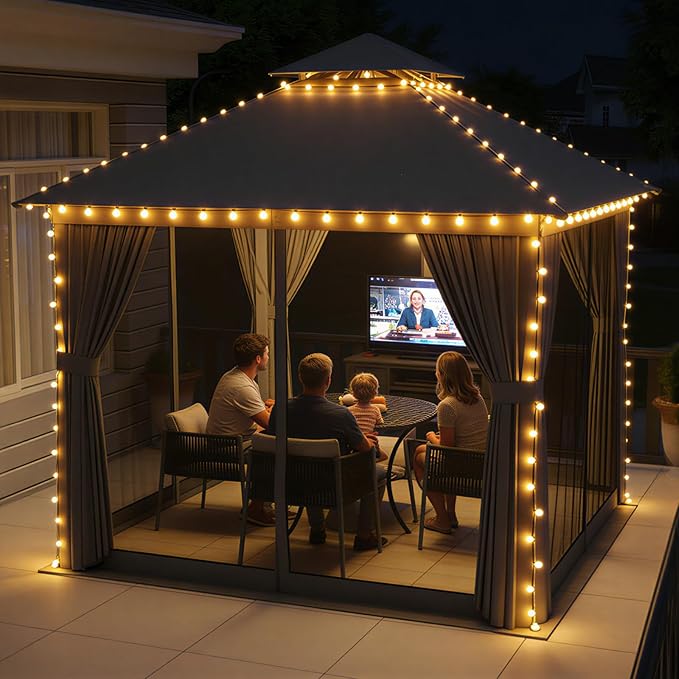 Aoxun Outdoor Gazebo for Patio 8x8, Metal Frame Canopy with Double Roofs, Heavy Duty Party Tent and Shelter with Mosquito Netting and Privacy Screen for Backyard, Lawn, Garden, Deck (Grey) Aoxun