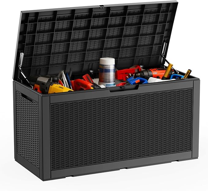 DRATO 100 Gallon Large Deck Box, Outdoor Storage Box for Patio Furniture, Patio Cushions, Gardening Tools, Pool Supplies,660lbs Weight Capacity,Waterproof Resin Storage Boxes（Black，100 Gallon） DRATOprovidesawarmandcozy