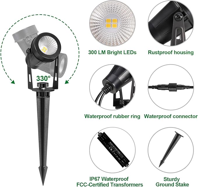 Outdoor Landscape Lighting, 4 Pack LED Outdoor Spot Lights with Transformers, 12V Warm White Low Voltage Landscape Lights IP65 Waterproof Plug in Spotlight for Yard House Pathway Tree Pools IRISECO