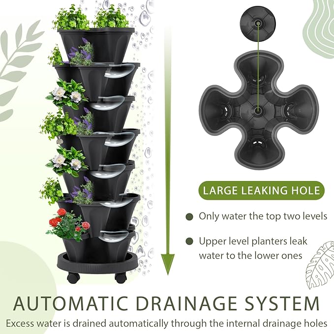 Umigy 2 Set of 7 Tier Vertical Planter Stackable Tower Planters Strawberry Herb Flower and Vegetable Pots Indoor Outdoor Gardening Pots with Removable Wheels and Tools(Black) Umigy