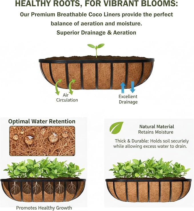 24“ Window Box Railing Planter with Coco Liner Metal Wall-Mounted Coconut Liner Planter Basket English Horse Trough Planters for Outdoor Deck Balcony Porch Fence Patio Black (2 Pack) KIDYBELL