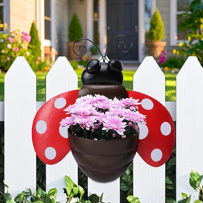 Metal Wall Planter Ladybug Wall Mounted Planters Small Flower Pot with Drainage for Indoor Outdoor Farmhouse Hanging Planter Succulent Plant Container Vertical Garden Yard Decor Chonsun