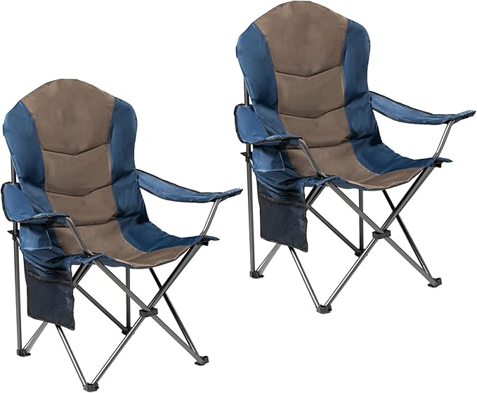 2 Pack Folding Camping Chairs for Adults - High Back Padded Outdoor Lawn Chairs with Lumbar Support & Cup Holder, 400lbs Heavy Duty Portable Camping Chairs Set (Blue & Brown, 2 PCS) Rootora