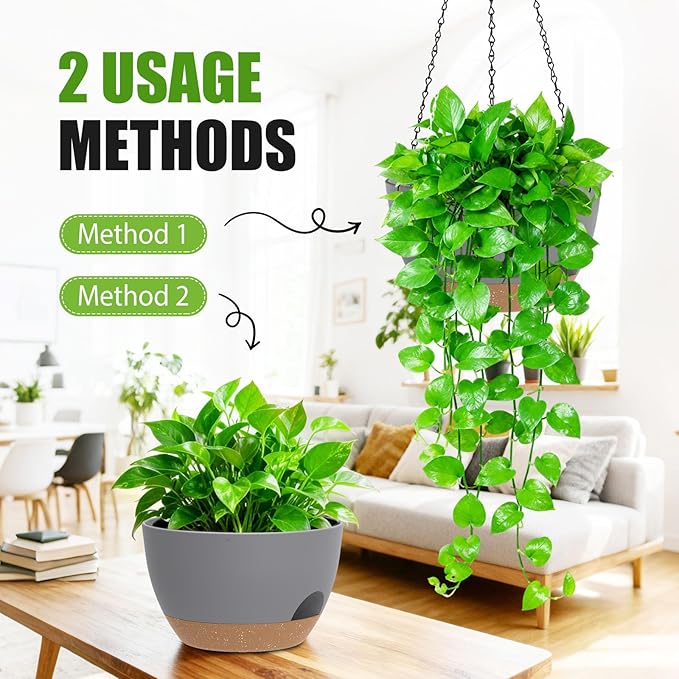 8 Inch Hanging Planters for Indoor Outdoor Plants, 4 Pack Plastic Self Watering Hanging Baskets with Drainage Holes and Chain for Garden Porch SQKH