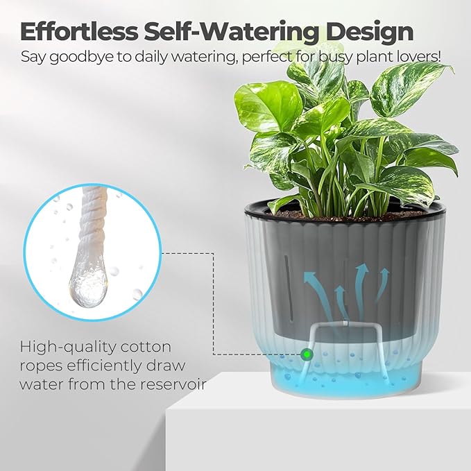 T4U 7 Inch Self Watering Pots for Indoor Plants, 4 Pack Plant Pots, Self Watering Planter for Indoor Plants, Durable Plastic Pots (4 Pack, 7", White) T4U