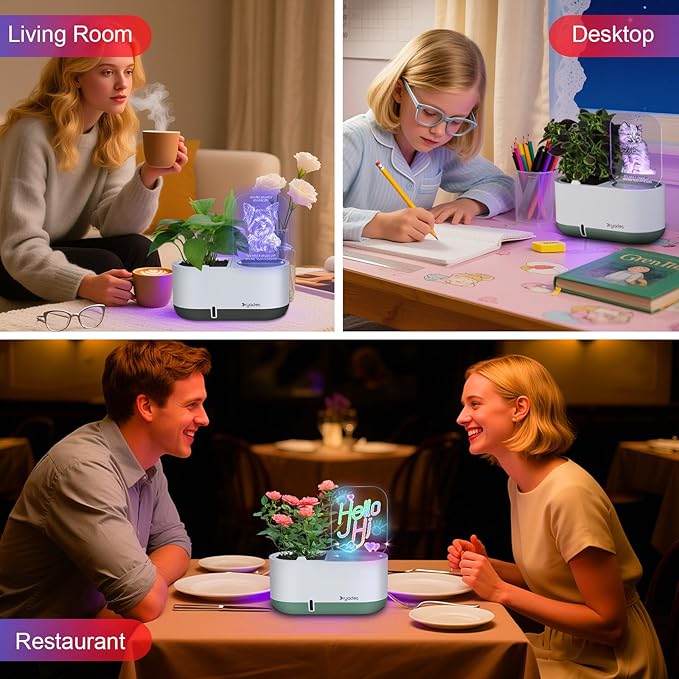 Self-Watering Plant Pot with LED Note Board & 7 Colors Pen Acrylic Message Board with Light Acrylic Dry Erase Board, Led Cat Board Night Light with Planting Pot for Christmas(No Plant&Seed) Dryades