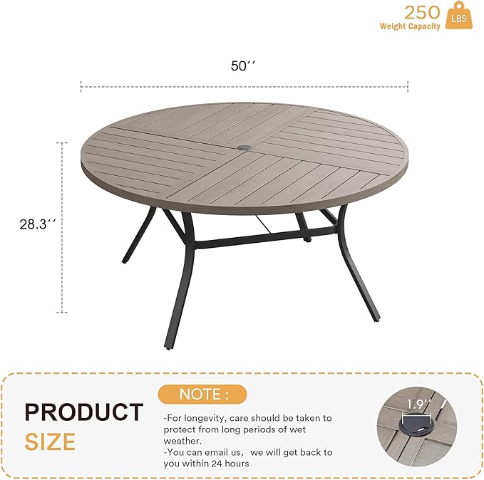 VICLLAX Round Patio Table with Adjustable Umbrella Hole for 6, All Weather Metal Outdoor Dining Table for Lawn Garden, 50" Outdoor Coffee Table, Grey Wood-Like Tabletop HOME