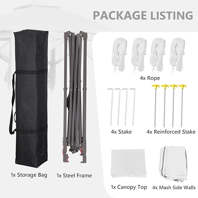 GDY 11x11 Pop Up Canopy Tent, Outdoor Canopy with Netting, Outdoor Gazebo for Backyard, Tent with Hand Bag, White. GDY