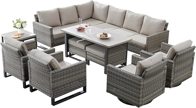 Belord Outdoor Sectional Furniture with Swivel Rocker Chair, 10 Pieces Wicker Patio Furniture Sets with Ottoman L Shaped Sofa Coffee Table Grey Cushion Belord