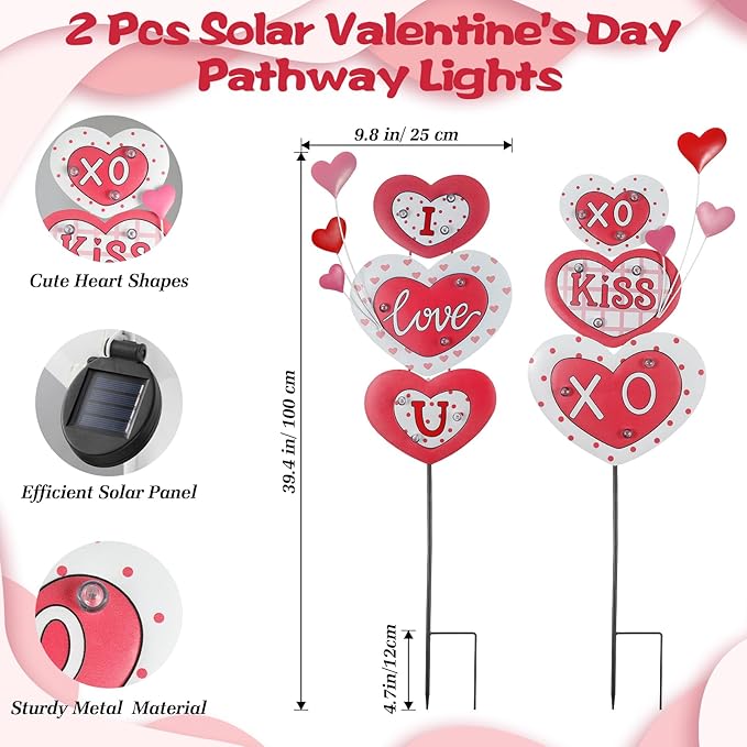 Lewondr 2 Pcs Valentine's Day Decorations Outdoor, Metal Solar Pathway Lights, Love Heart Decorative Garden Stakes Lights with 18 LED Beads, Waterproof Yard Signs for Porch Lawn Wedding Anniversary Lewondr