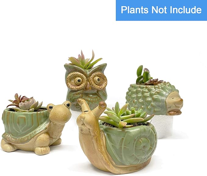 Small Ceramic Succulent Pot with Drainage, Animal Succulent Planter, 4.4 Inch Flower Pots, for Flower, Cactus, Mini Succulent Plants, Indoor and Outdoor use, Set of 4 Garden Gift SUNSMIL