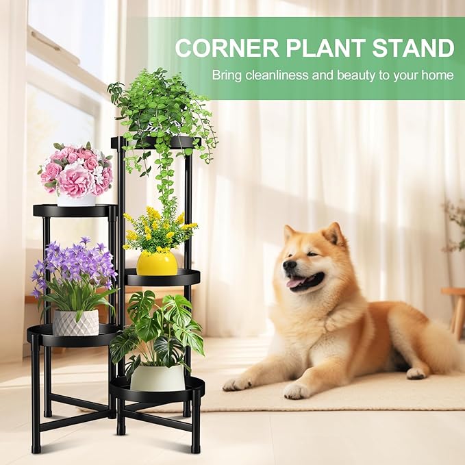 Plant Stand Indoor Outdoor 5 Tier Black Metal Plant Holder 31 in Tall 9 in Wide,Tiered Flower Pot Display Stand,Multiple Plant Stand for Living Room Corner Garden Patio Lawn Balcony Atpddpey