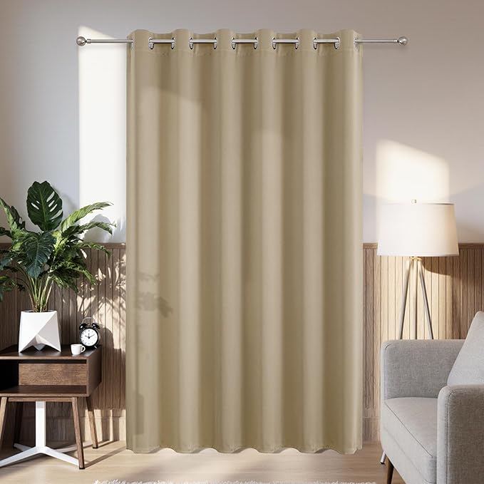 Joydeco Blackout Patio Sliding Door Curtains 90 Inches Long, Grommet Privacy Room Divider Curtains, Extra Wide Thermal Blackout Drapes for Bedroom Living Room (Light Beige, 80Wx90L, 1 Panel) JOYDECO