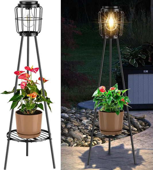 Solar Lights with Plant Stand, Outdoor Floor Lamp, Waterproof Solar LED Edison Bulb Light Flower Shelf for Patio Porch Deck Yard Garden Decor-1 Pack VISFLAIR