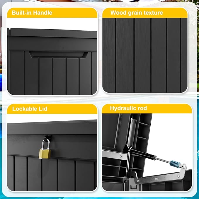 ROJIK Outdoor Storage Housing Deck Box,Waterproof Patio Furniture, Garden Tools,Cushions,Pool Accessories Storage Bench with Lockable Lid and Side Handles (Black,280 Gal) ROJIK