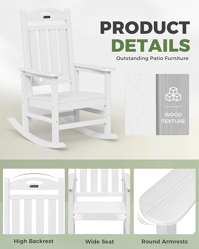 Oversized Rocking Chairs Outdoor Set of 2, High Back Porch Rocker Chair, HDPE All Weather Resistant Rocking Chairs for Patio, 380lbs Weight Capacity, White Suunyn