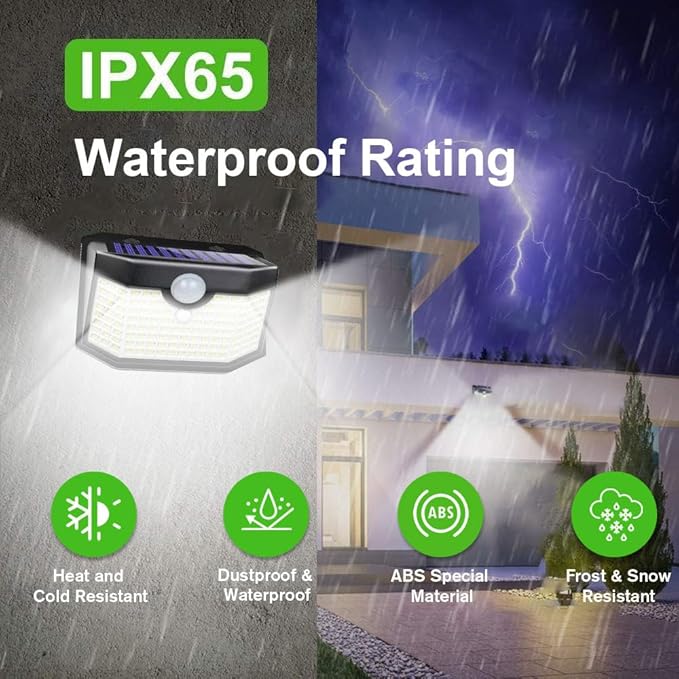 HMCITY 120 LED Outdoor Solar Lights with Motion Sensor and 3 Lighting Modes, IP65 Waterproof Wide Solar Wall Lights Ideal for Garden Patio Yard (Front Button 8Packs, Black Shell-Daylight White) LightingUpYourLife