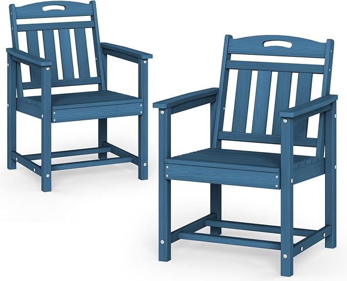 Set of 2 Weatherproof Patio Chairs - HDPE Outdoor Dining Chairs with Wide Seat, Ergonomic Design - for Garden, Backyard, Deck - Navy Blue Suunyn