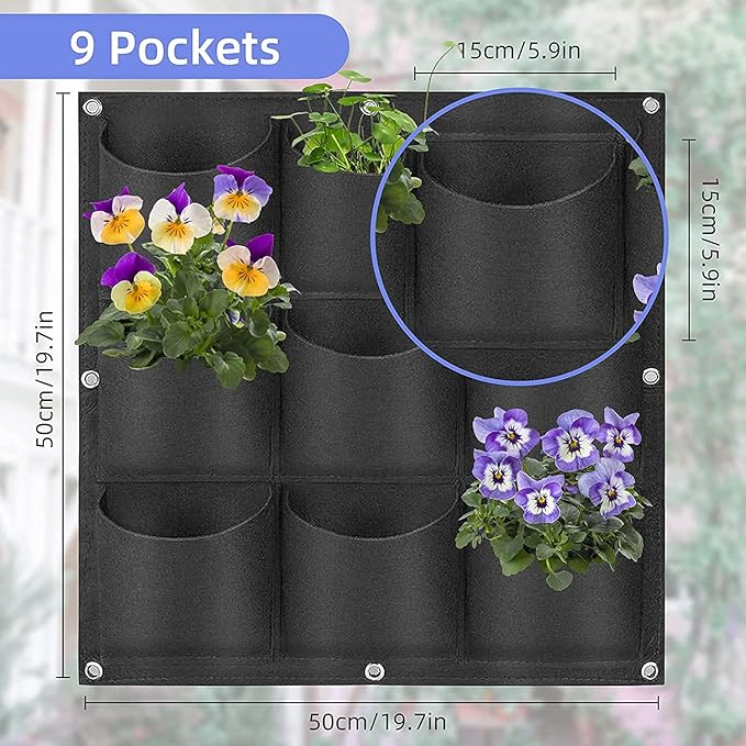 9 Pockets Hanging Planter Bags, Hanging Vertical Wall Mounted Plant Planting Grow Bags, Herb Garden Planter Outdoor Indoor Growing Bag, Gardening Vertical Greening Flower Container(0.5m×0.5m, Black) Pehciroe