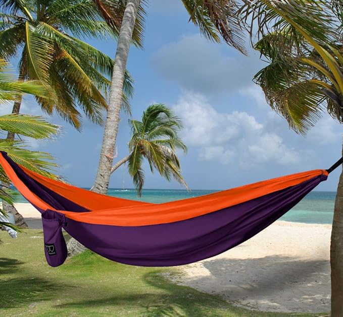 Gold Armour Camping Hammock - XL Double Hammock Portable Hammock Camping Accessories Gear for Outdoor Indoor with Tree Straps, USA Based Brand (Purple and Orange) GoldArmour