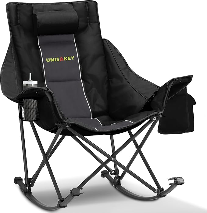 Oversized Rocking Camping Chair with Headrest & Cup Holder - 400lbs Capacity, 600D Oxford Fabric, Easy Fold Portable Outdoor Rocker Chair for Camping, Backyard, Beach, Deep Gray Rootora