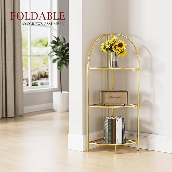Crofy Foldable 3 Tier Corner Shelf, Metal Corner Plant Stand with Gold Frame and Transparent Shelves, Corner Display Rack Multipurpose Shelving Unit for Living Room, Bedroom, Bathroom CrofyLLC