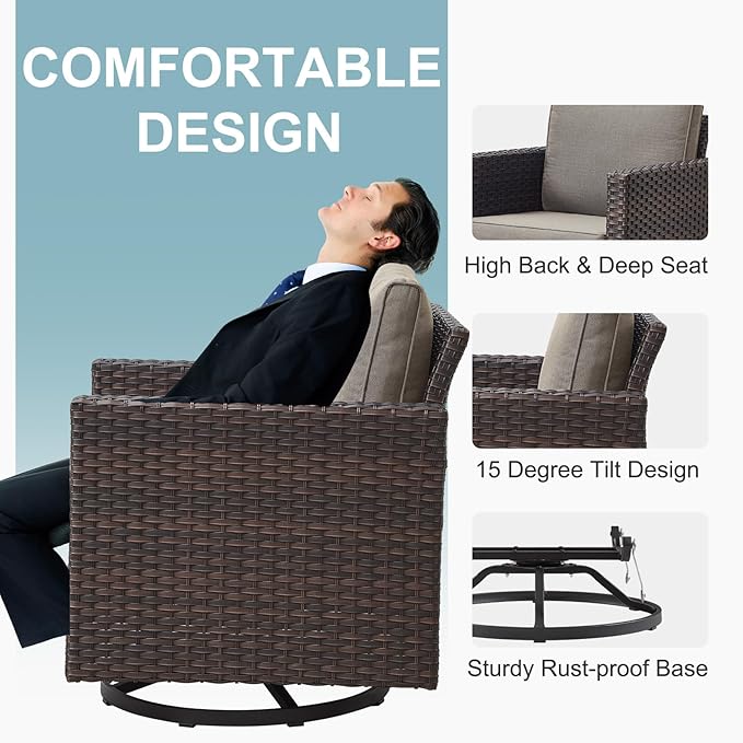 Belord 7 Pieces Patio Furniture Set with Fire Pit Table: Wicker Patio Conversation Set with Outdoor Swivel Glider Rocker Patio Couch Metal Side Table, All Weather Brown Rattan Belord