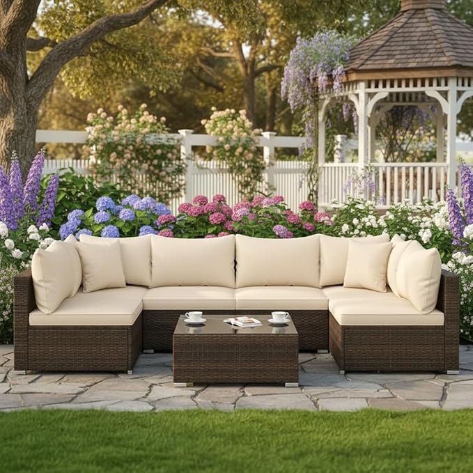 Tangkula 7 Pieces Wicker Patio Furniture Set, All-Weather Outdoor Rattan Sectional Sofa Set with Cushions & Tempered Glass Coffee Table, Outside Sofa Set for Garden, Lawn, Deck, Backyard TANGKULA