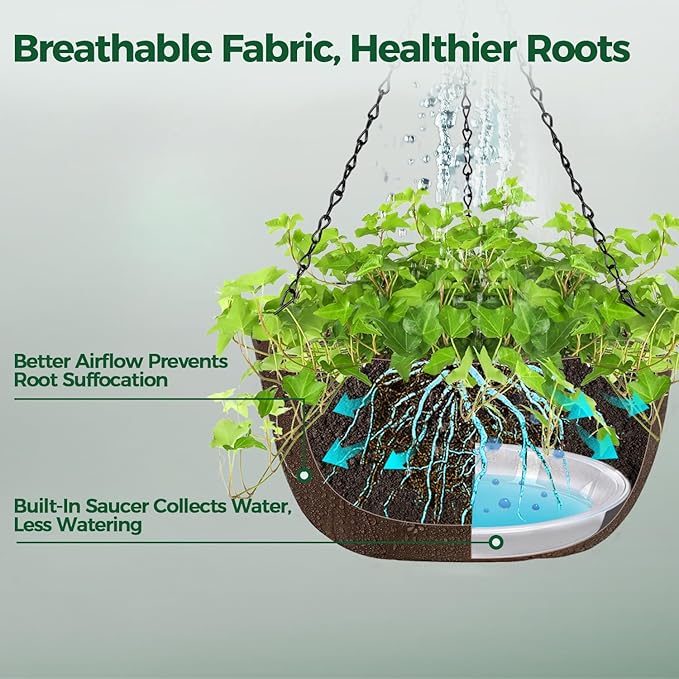 T4U Hanging Planters for Outdoor Plants, 12 Inch 6 Pack Fabric Hanging Baskets with Drainage Tray, Decorative Hanging Pots for Plants Outdoor Patio Porch Garden Use（Brown） T4U