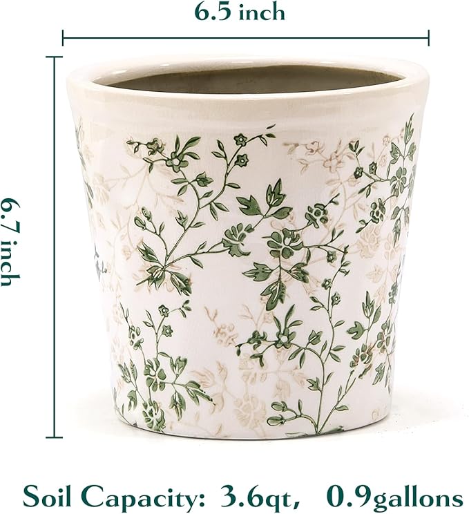 Ceramic Planter Without Drainage Hole, 6.7 Inch - Indoor/Outdoor Flower Pot for Orchids, Succulents, Green Floral Modern Farmhouse Design Plant Pot for Home,Office & Garden Décor, Ideal Gift TEWEIQI