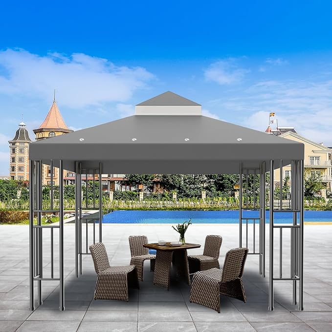 Sumfaller 10x10 FT Gazebo Replacement Canopy Top Cover Double Tiered Canopy Top Cover for Outdoor BBQ Roof Cover Grill Shelter (Grey) Rootora