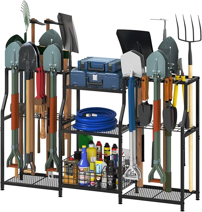 keomaisyto Garden Tool Organizer, Heavy Duty Yard Tool Tower Rack for Garage Organization and Storage, 3 Tier Utility Garden Tool Rack with hooks for Garden/Shed/Garage/Yard/Basement/Lawn keomaisyto