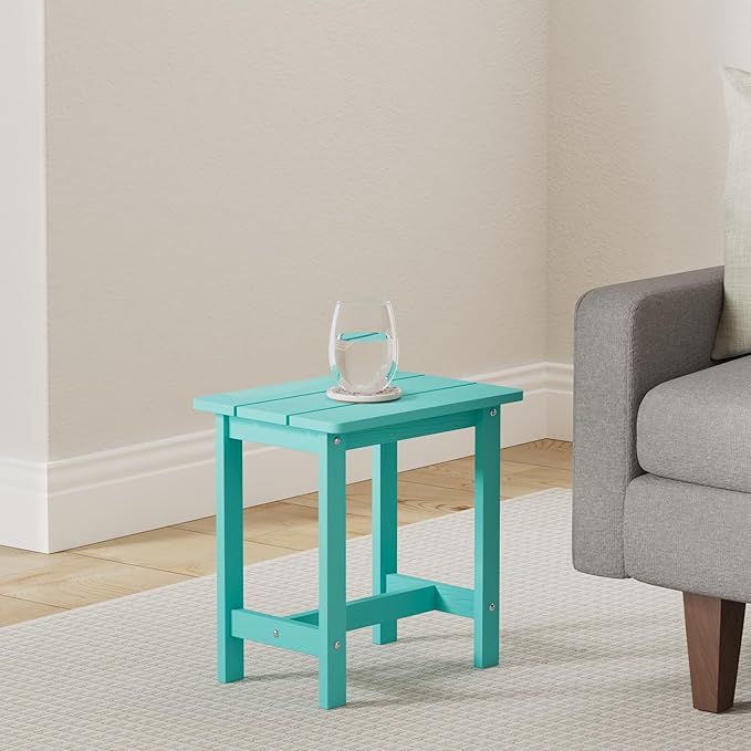 LUE BONA Outdoor Side Table, HDPS Small Outdoor Table, Adirondack Side Table, Outside End Table for Patio, Porch, Deck, Weather Resistant/Easy Maintenance/Indoor or Outside Use, Aruba Blue LUEBONA