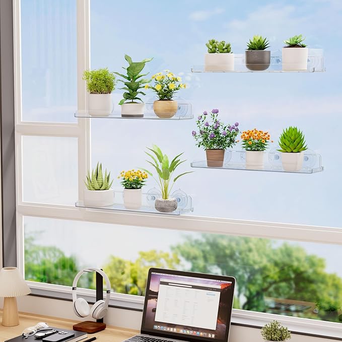 Lifewit Window Plant Floating Shelves 14.6x3.6, 2 Pack Acrylic Suction Cup Shelf, Window Sill Extender for Indoor Succulent Plants, Micro Greens, Seed Starter Pots, Herb Planters 37 x 9 cm/14.6x3.6 Lifewit