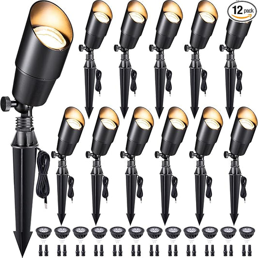 Gardenreet LED Spot Light Outdoor - Die-Cast Brass 12V Uplighting Waterproof, Low Voltage Landscape Lights Metal, Black for Fence Fountain with Daytime White MR16 Replaceable Bulbs (12 Pack) Gardenreet