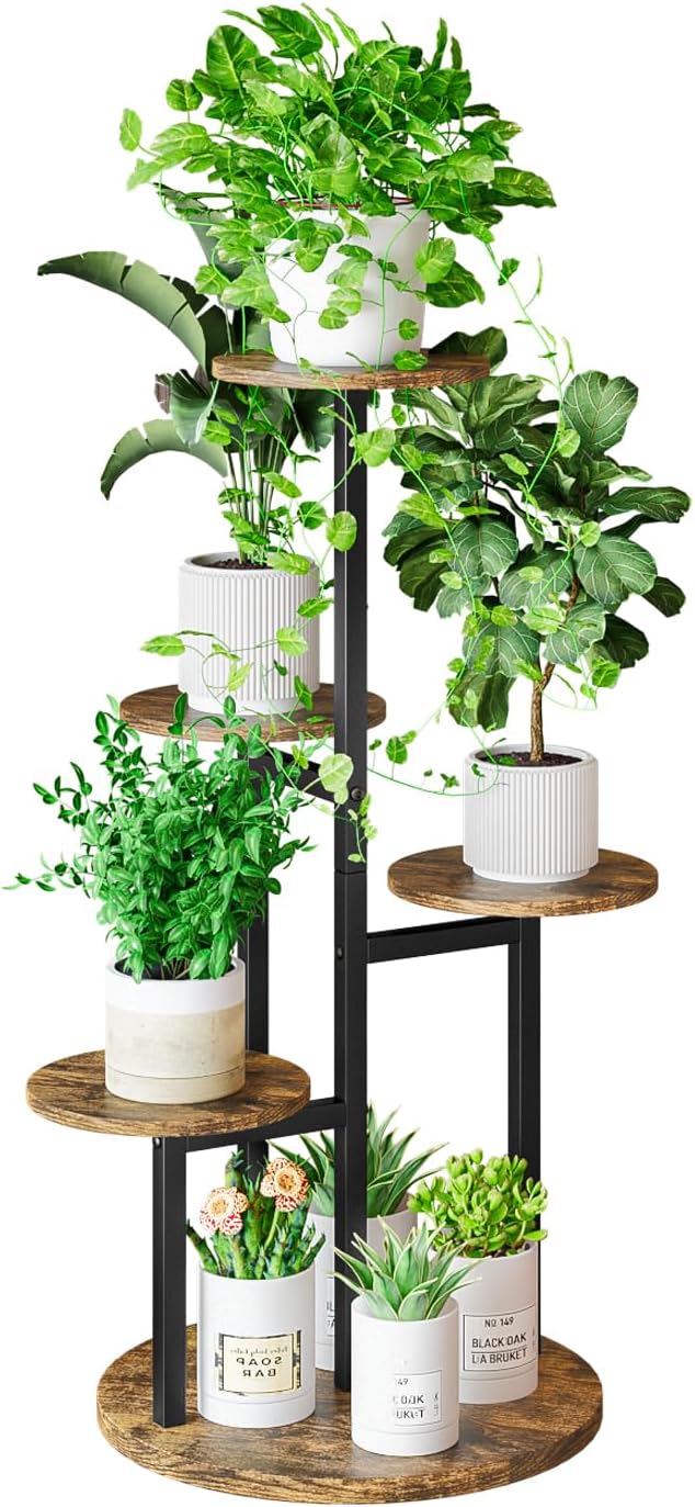Plant Stand Indoor 5 Tier 8 Potted Multiple Flower Pot Holder for Patio Garden Balcony Living Room Corner (5 Tier Black+Rustic Brown) INGIORDAR