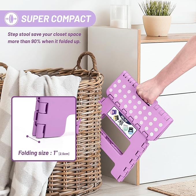 Delxo 9 inch Folding Step Stool, Non-Slip Foldable Small Stools Up to 300 LBS, Kids Step Stool with Handle Lightweight for Kitchen, Bathroom, Bedroom, Garden, Light Purple, 1PC Delxo
