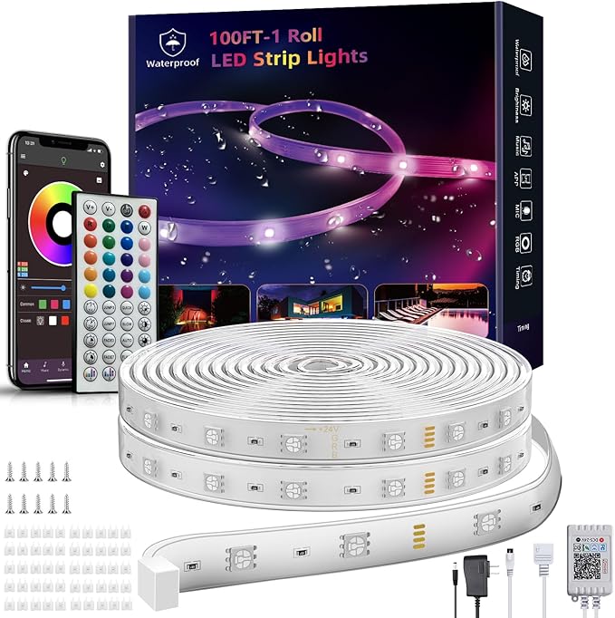 Outdoor Led Strip Lights Waterproof 98ft (1 Roll), Ip65 Outside Led Light Strip Waterproof with Remote and App Control, Exterior Led Rope Lights Music Syne RGB Strip Lights for Bedroom Decor Ledagic
