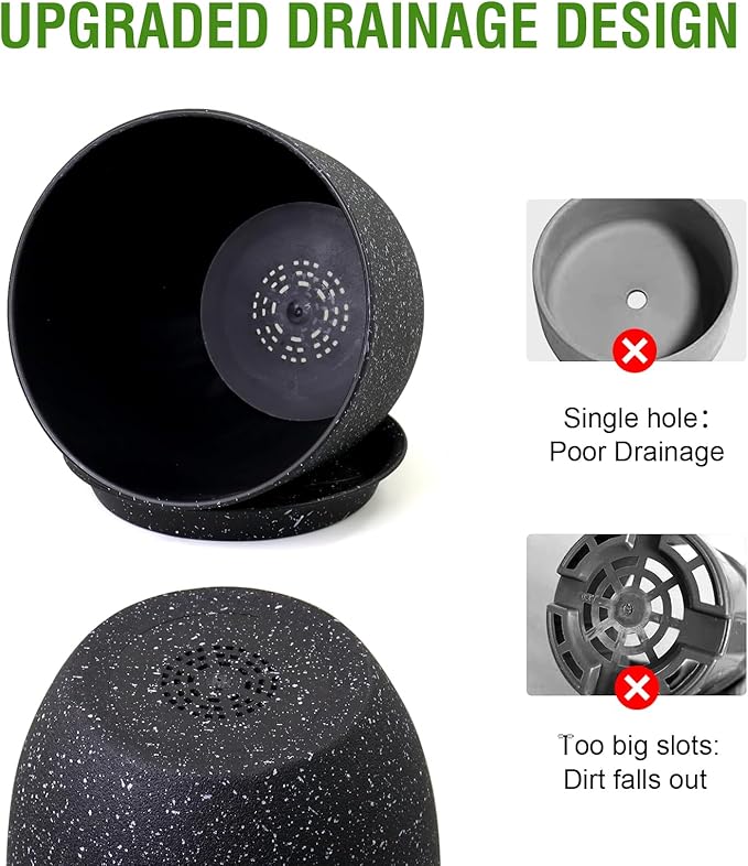Plant Pots 10/9/8 inch, Set of 3 Modern Decorative Plastic Planters with Drainage Holes and Saucers for Garden House Plants, Flower Pots for Indoor Outdoor Plants, Speckled Black WSMKSZ