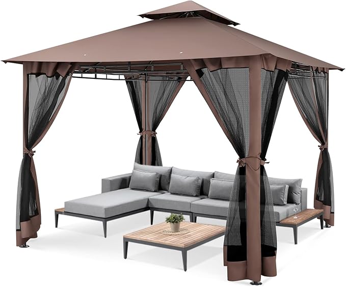 COBIZI Gazebo 10x10 Heavy Duty Gazebos with Improved Nettings Outdoor Gazebo Double Roof Patio Gazebos with Metal Steel Frame Outdoor Canopy for Patio, Deck, Backyard-Brown COBIZI